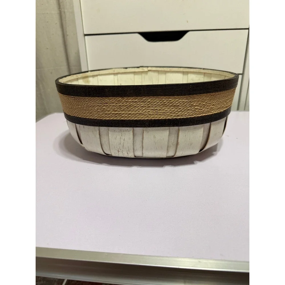 Oval Wood Rope Basket Rustic Farmhouse Whitewashed‎ Decor 12 In